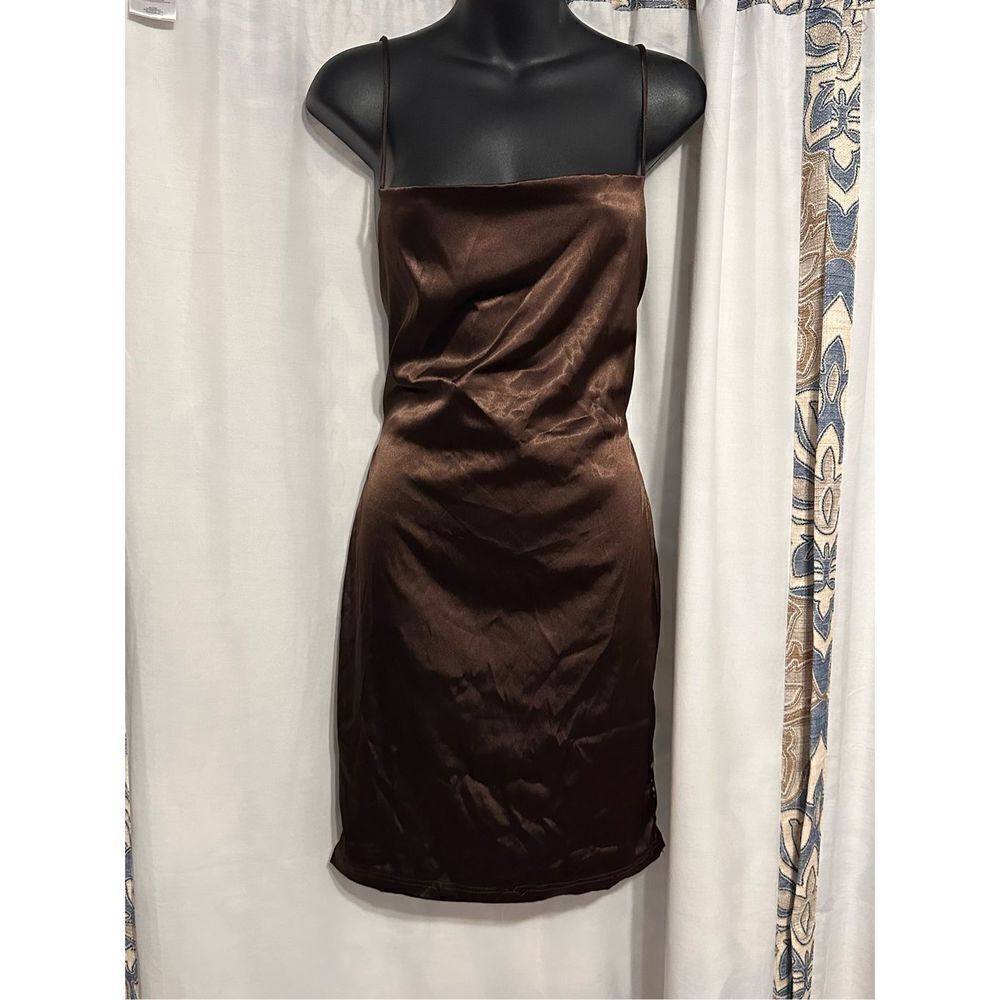 Beautiful Salty SIZE LARGE Satin brown Cinch Mini Dress  Cowl neck, adjustable c